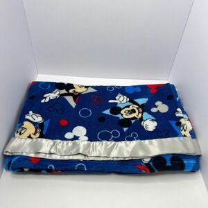 Vintage Disney Mickey Mouse Blue Baby Toddler Blanket Gray Satin Trim Stars